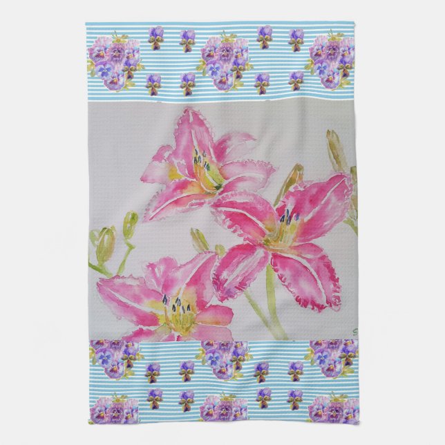 Pink Lily Flower Pink Watercolour Floral Flower Kitchen Towel (Vertical)