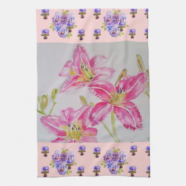 Pink Lily Flower Pink Watercolour Floral Flower Te Kitchen Towel (Vertical)