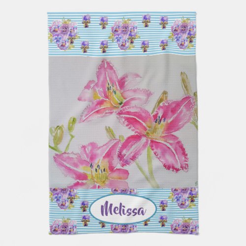 Pink Lily Flower Watercolour Floral Ladies Name  Kitchen Towel