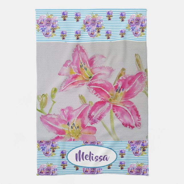 Pink Lily Flower Watercolour Floral Ladies Name  Kitchen Towel (Vertical)