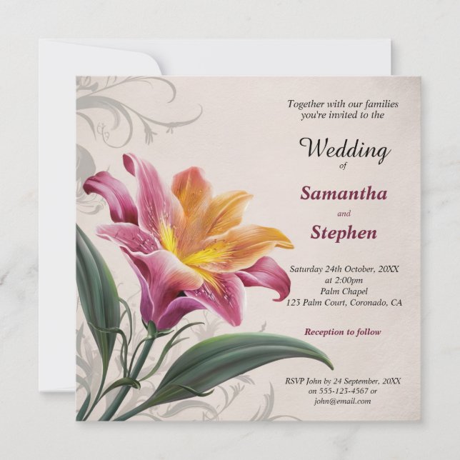 Pink Lily Flower Wedding Invitation (Front)