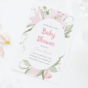 Pink Lily Flowers Green Leaves Baby Shower Invitation