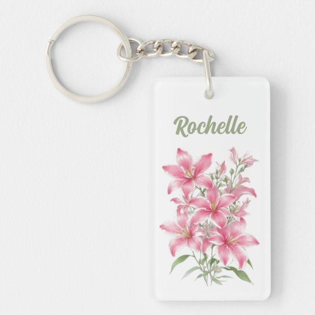 Pink Lily Flowers Personalized Keychain (Front)
