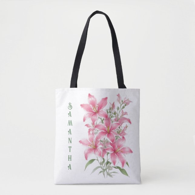 Pink Lily Flowers Personalized Tote Bag (Front)