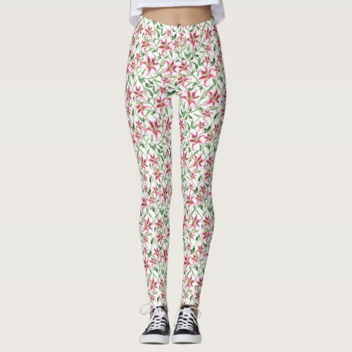 Pink Lily Flowers _ Vintage Floral Lilies Leggings