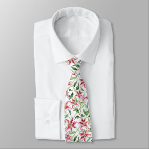 Pink Lily Flowers - Vintage Floral Lilies Neck Tie