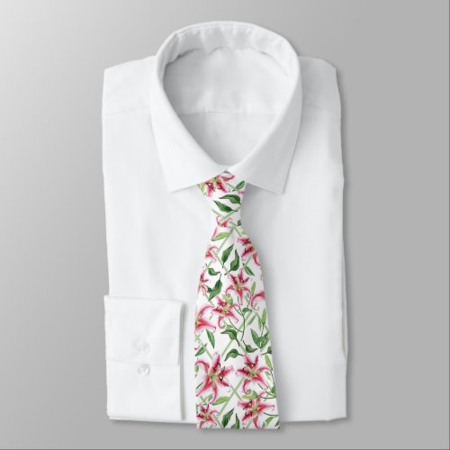 Pink Lily Flowers _ Vintage Floral Lilies Neck Tie