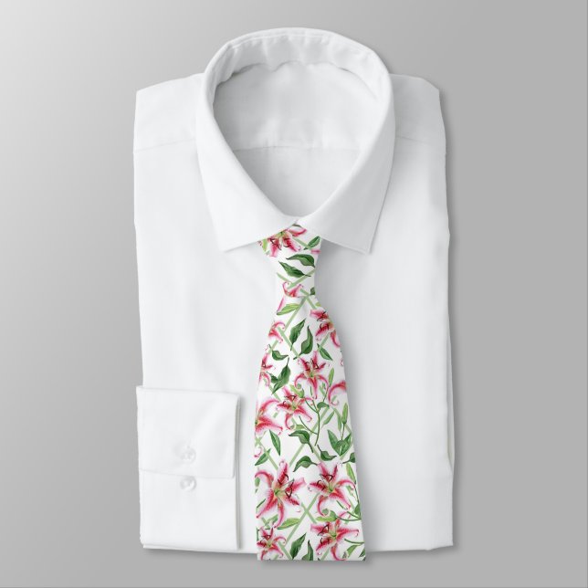 Pink Lily Flowers - Vintage Floral Lilies Neck Tie (Tied)