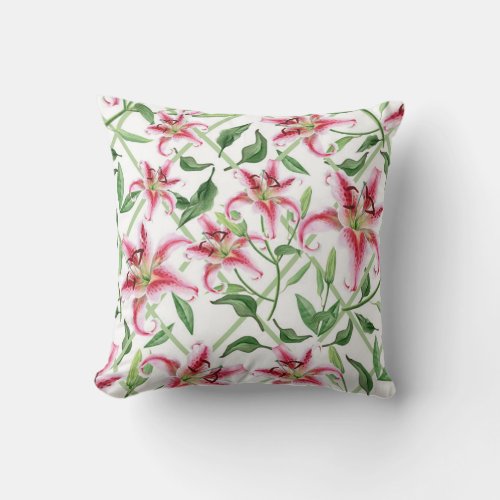 Pink Lily Flowers _ Vintage Floral Lilies Throw Pillow