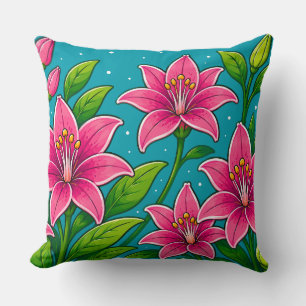 Pink Lily Flowers with Green Foliage Illustration Throw Pillow