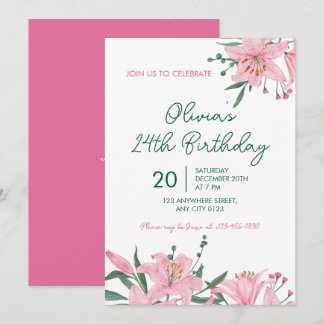 Pink Lily Garden Birthday Party Invitation