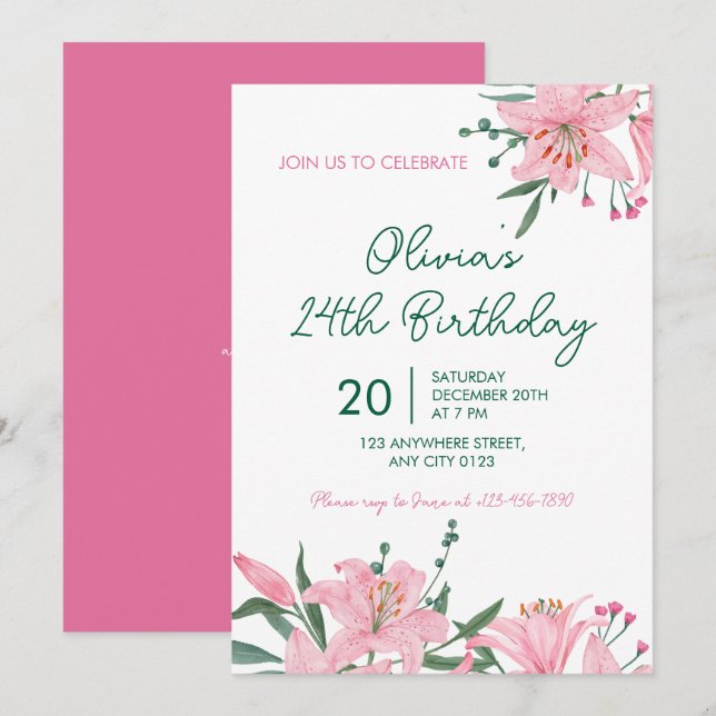 Pink Lily Garden Birthday Party Invitation (Front/Back)
