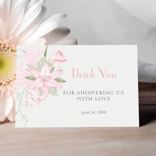 Pink Lily Green Leaves Baby Shower Thank You Card (Creator Uploaded)