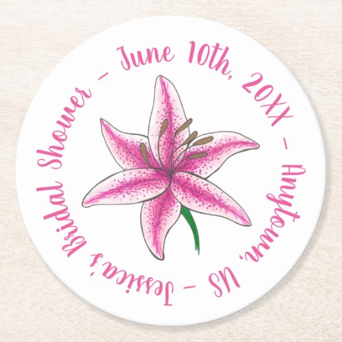 Pink Lily Lilies Flower Floral Personalized Bridal Round Paper Coaster