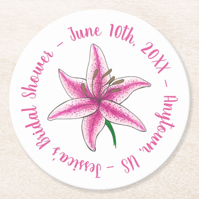 Pink Lily Lilies Flower Floral Personalized Bridal Round Paper Coaster (Front)