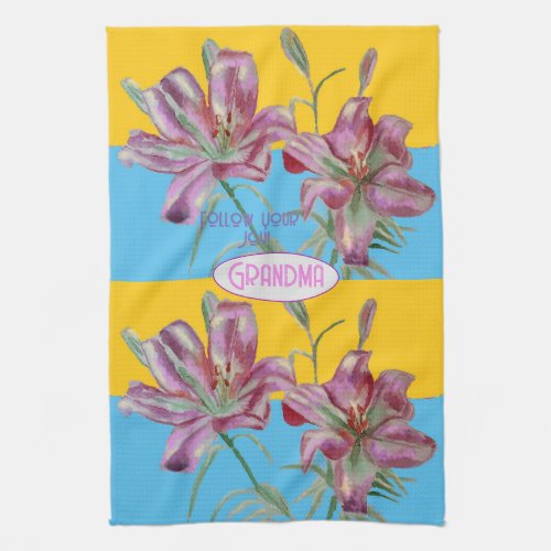 Pink Lily lillies art Grandma Name Decoration Kitchen Towel