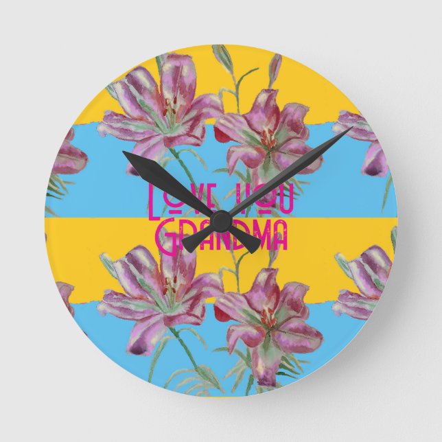 Pink Lily lillies art Grandma Name Decoration Round Clock (Front)