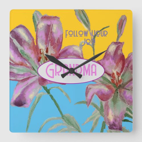 Pink Lily lillies art Grandma Name Decoration Square Wall Clock