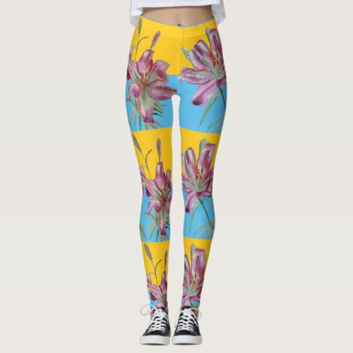 Pink Lily Lillies Floral Flower Watercolor Leggings
