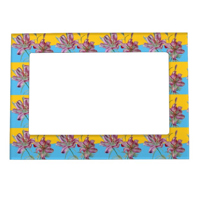 Pink Lily Lillies Floral Light Blue Magnetic Frame (Front)