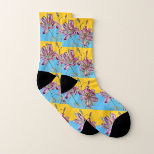 Pink Lily Lillies Flower Floral Pattern Socks