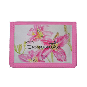 Pink Lily lillies Watercolor Floral Girls Name Tri-fold Wallet