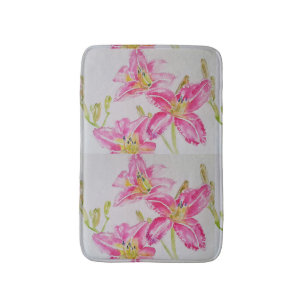 Pink Lily lillies Watercolor Painting Floral Bath Mat