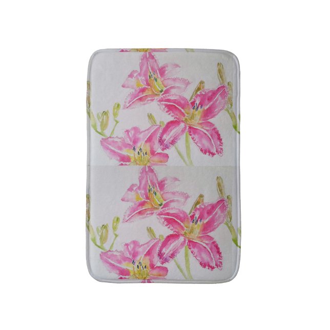 Pink Lily lillies Watercolor Painting Floral Bath Mat (Front Vertical)