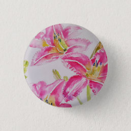 Pink Lily lillies Watercolor Painting Floral Button
