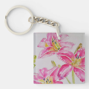 Pink Lily lillies Watercolor Painting Floral Keychain