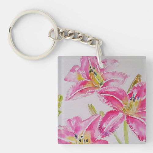 Pink Lily lillies Watercolor Painting Floral Keychain