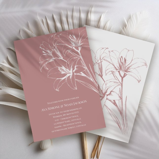 Pink Lily Outline Wedding Invitation (Creator Uploaded)