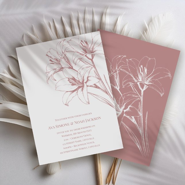 Pink Lily Outline Wedding Invitation (Creator Uploaded)