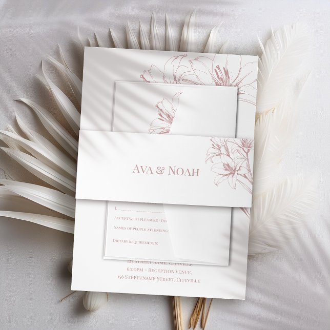 Pink Lily Outline Wedding Invitation Belly Band (Creator Uploaded)