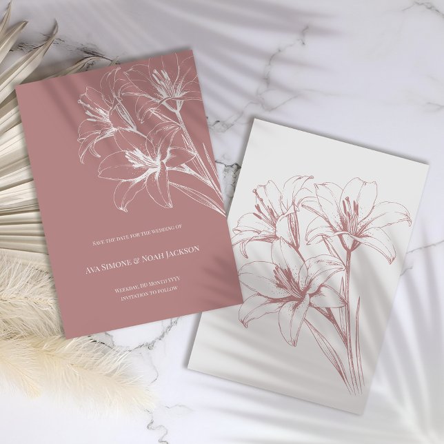 Pink Lily Outline Wedding Save The Date (Creator Uploaded)