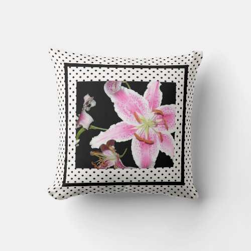 Pink Lily  Pink Lily Flower Black White Polka Dot Throw Pillow