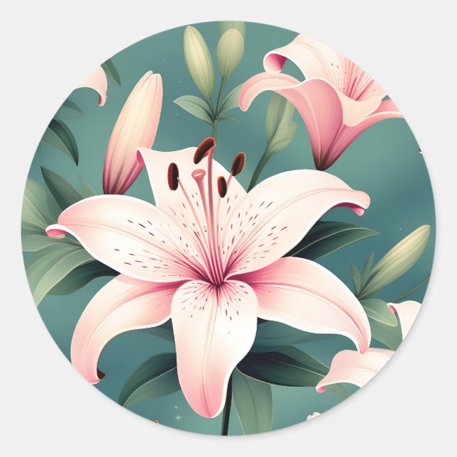 Pink Lily Seamless Pattern Classic Round Sticker (Front)