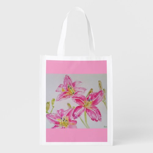 Pink Lily Watercolor floral Flower  Grocery Bag