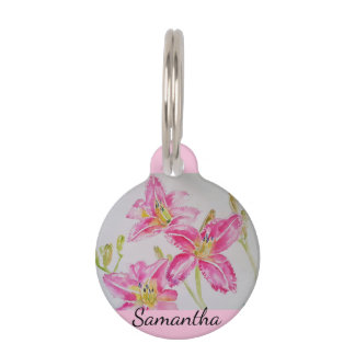 Pink Lily Watercolor floral Flower Pet ID Tag