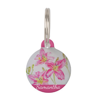Pink Lily Watercolor floral Flower Pet ID Tag