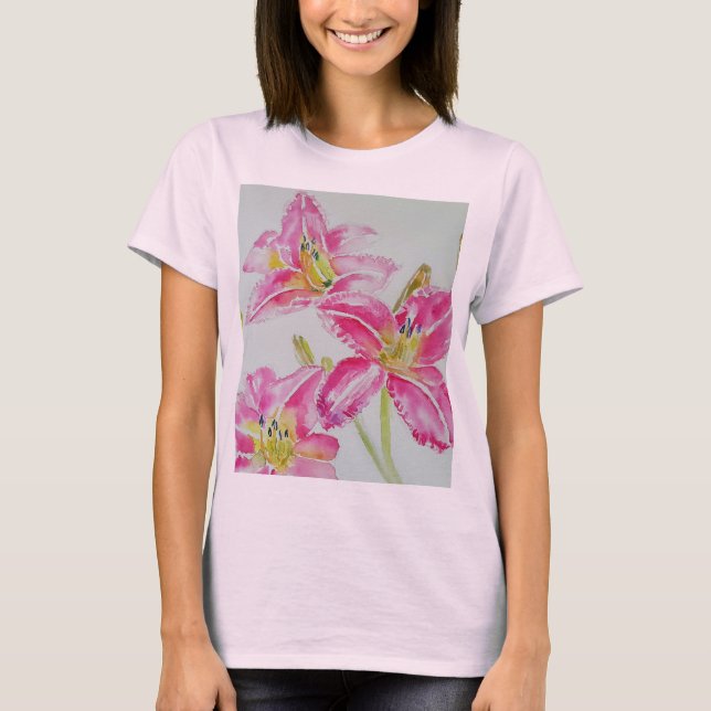 Pink Lily Watercolor floral flowers Womens T Shirt (Front)