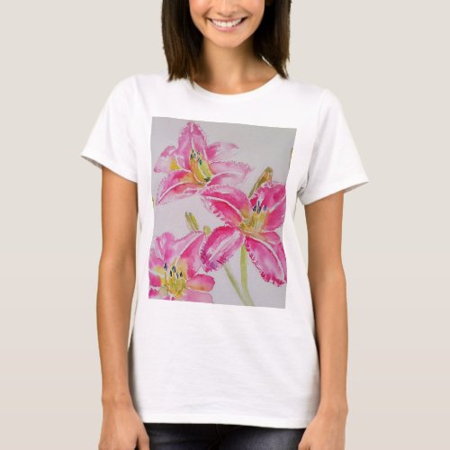 Pink Lily Watercolor floral flowers Womens T Shirt