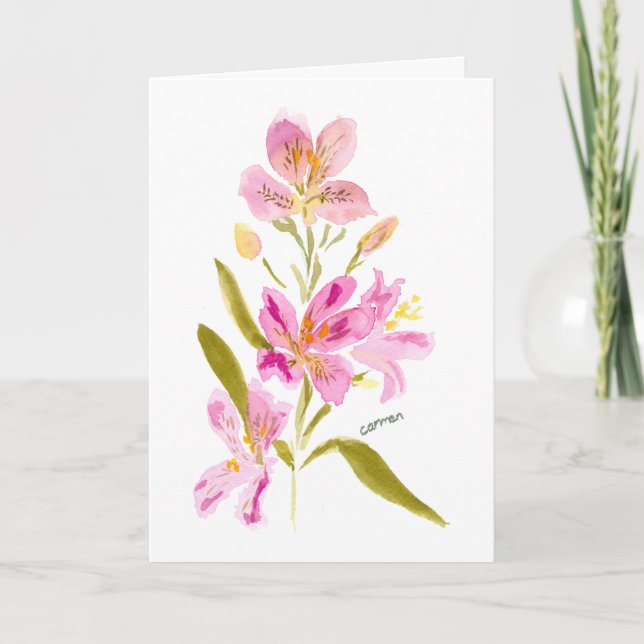 Pink Lily Watercolor Floral Greeting Card (Front)
