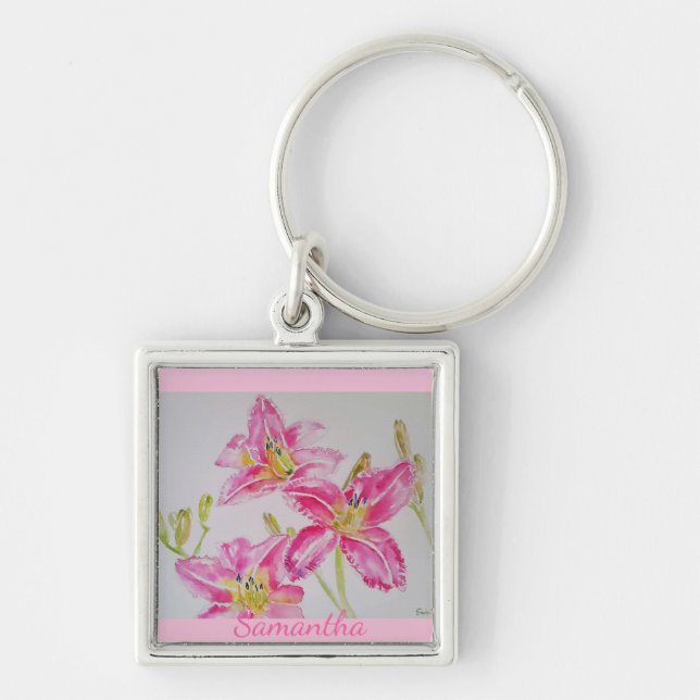 Pink Lily Watercolor floral Journal Keychain (Front)