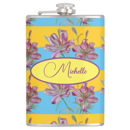 Pink Lily Watercolor Painting Girls Floral Art  Flask