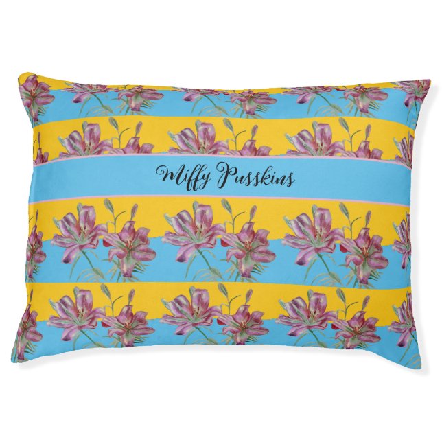 Pink Lily Watercolor Painting Pets Whimsical Art Pet Bed (Front)
