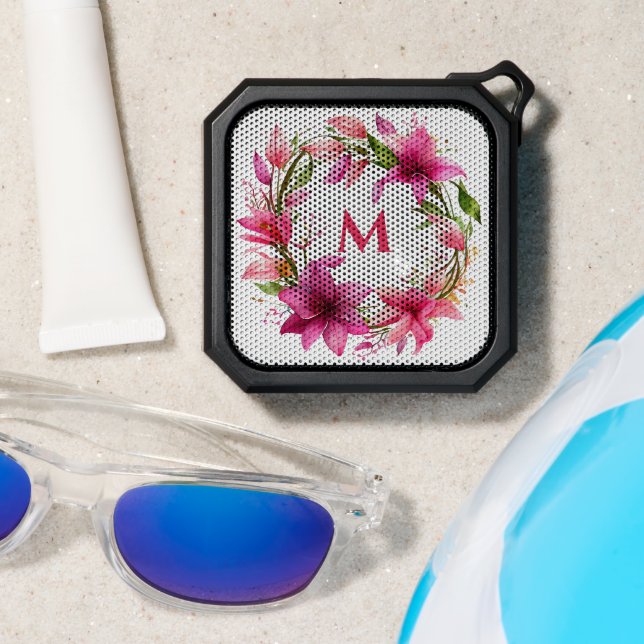 Pink Lily Wreath with Monogram Bluetooth Speaker (Insitu(Beach))