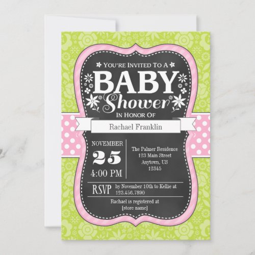 Pink Lime Chalkboard Floral Baby Shower Invite