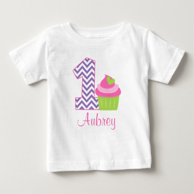 Pink Lime Cupcake 1st Birthday Personalized Baby T-Shirt (Front)