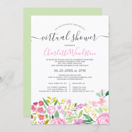 Pink lime floral watercolor script virtual shower invitation